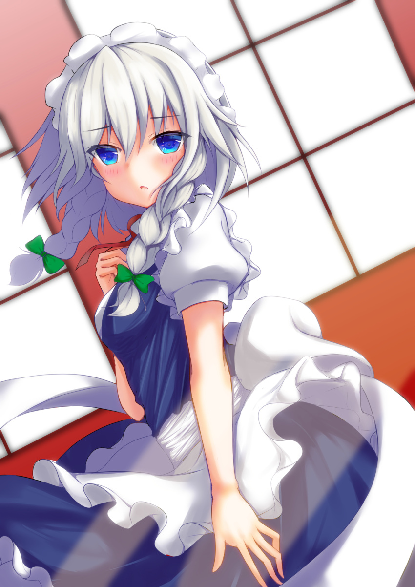 1girl apron bangs blue_dress blue_eyes blush bow braid breasts commentary_request cowboy_shot dress eyebrows_visible_through_hair frilled_apron frills green_bow hair_between_eyes hair_bow hand_up highres indoors izayoi_sakuya looking_at_viewer maid maid_apron maid_headdress neck_ribbon parted_lips puffy_short_sleeves puffy_sleeves red_neckwear red_ribbon ribbon shirt short_hair short_sleeves silver_hair sinngotti small_breasts solo standing touhou twin_braids waist_apron white_apron white_shirt window