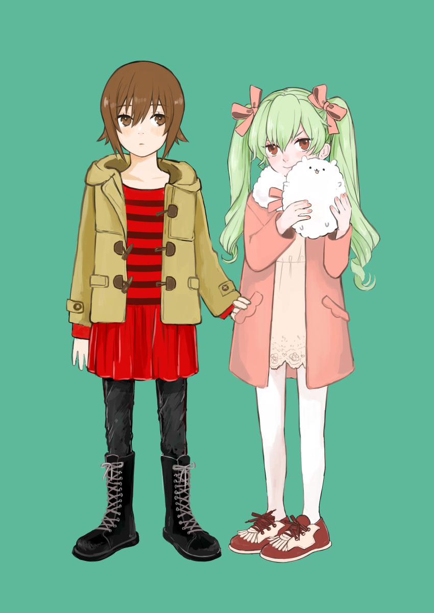 2girls absurdres anchovy animal bangs banira_(oocooocooocoo) black_footwear black_legwear blush boots brown_coat brown_eyes brown_hair casual closed_mouth coat commentary cross-laced_footwear dog dress drill_hair fur-trimmed_coat fur_trim girls_und_panzer green_background green_hair hair_ribbon hand_in_another's_pocket highres holding holding_animal hooded_coat light_frown long_hair long_sleeves looking_at_viewer medium_dress multiple_girls nishizumi_maho open_clothes open_coat pantyhose pink_collar pink_dress pink_ribbon pomeranian_(dog) red_dress red_eyes red_footwear ribbon shoes short_hair simple_background smile standing striped striped_dress toggles twin_drills twintails white_legwear younger