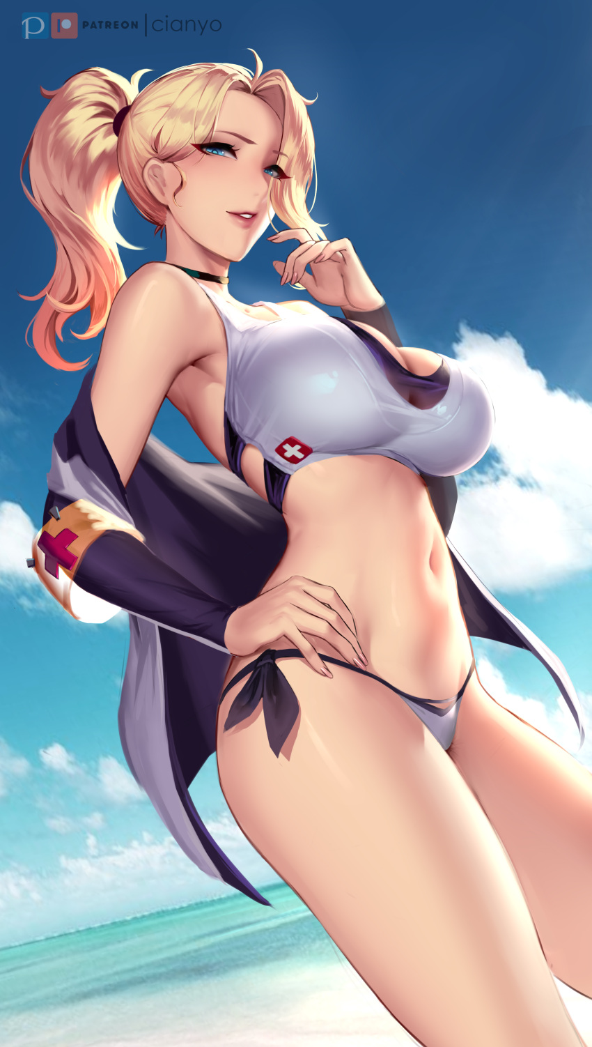 1girl absurdres bangs beach black_choker blonde_hair blue_eyes blue_sky blush breasts choker cian_yo day glasses hand_on_hip highres large_breasts long_hair looking_at_viewer mercy_(overwatch) midriff navel ocean off_shoulder overwatch paid_reward patreon_username ponytail red_cross short_shorts shorts sidelocks sky solo stomach swimsuit swiss_flag tankini