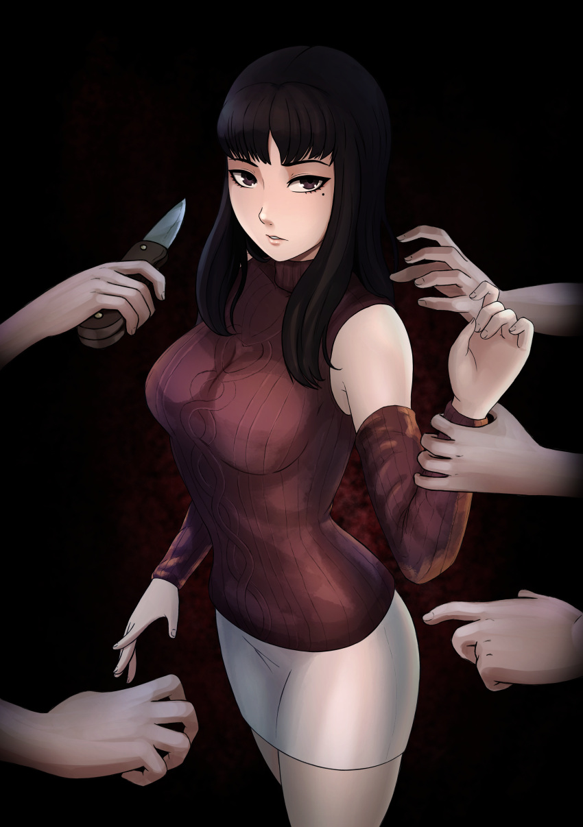 1girl absurdres aran_sweater bangs black_background black_hair breasts check_commentary commentary commentary_request detached_sleeves disembodied_hands english_commentary highres kawakami_tomie knife lips long_hair medium_breasts mixed-language_commentary mole mole_under_eye nowa_joestar pale_skin pencil_skirt purple_sweater skirt solo_focus spanish_commentary sweater tomie violet_eyes white_skirt wrist_grab
