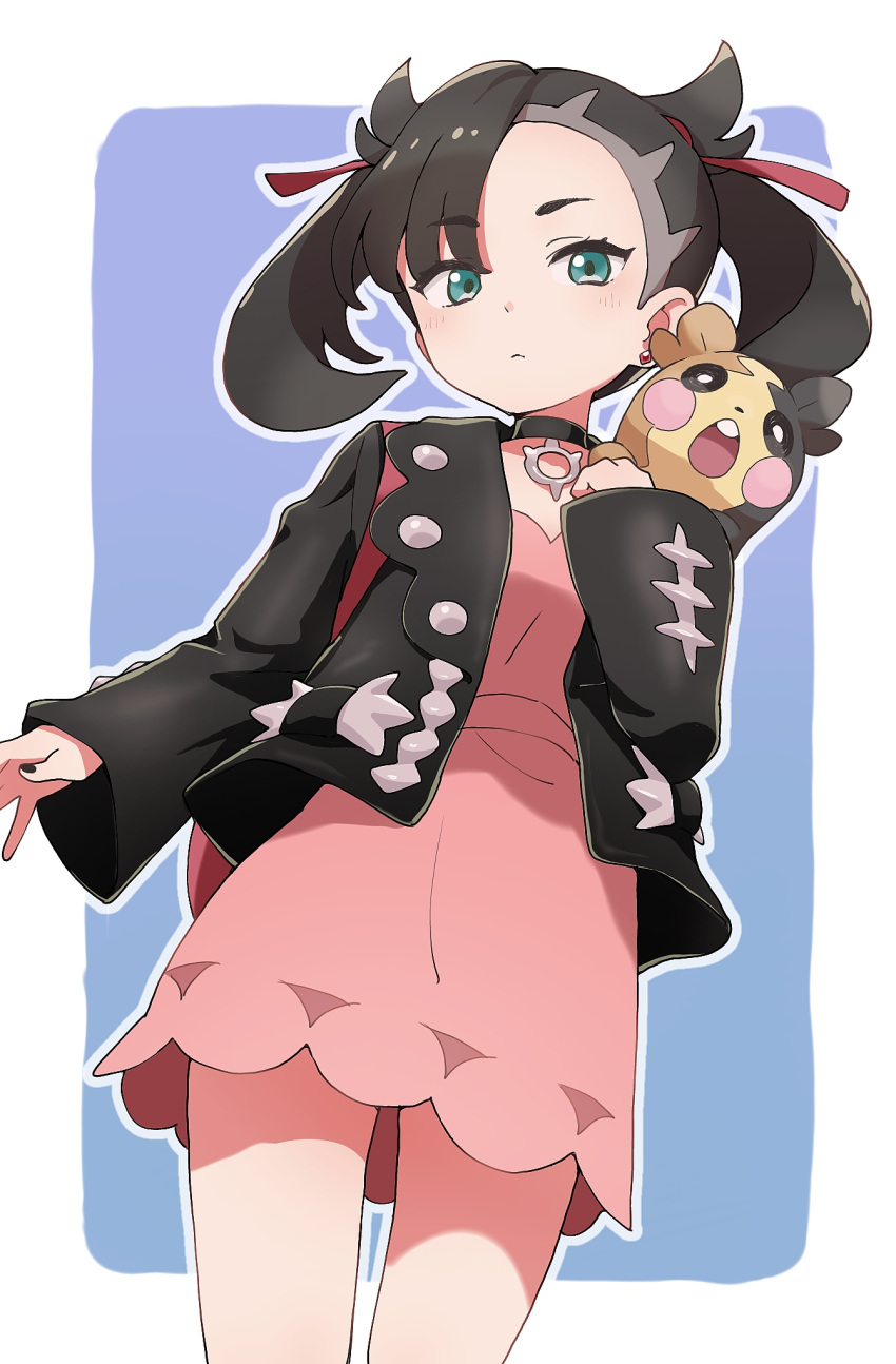 1girl black_choker black_hair black_jacket black_nails blue_background blue_eyes blush choker closed_mouth commentary_request ddak5843 dress earrings gen_8_pokemon hair_ribbon highres jacket jewelry long_sleeves looking_at_viewer mary_(pokemon) morpeko nail_polish open_clothes open_jacket outline pink_dress pokemon pokemon_(creature) pokemon_(game) pokemon_swsh red_ribbon ribbon sleeves_past_wrists twintails two-tone_background white_background white_outline wide_sleeves