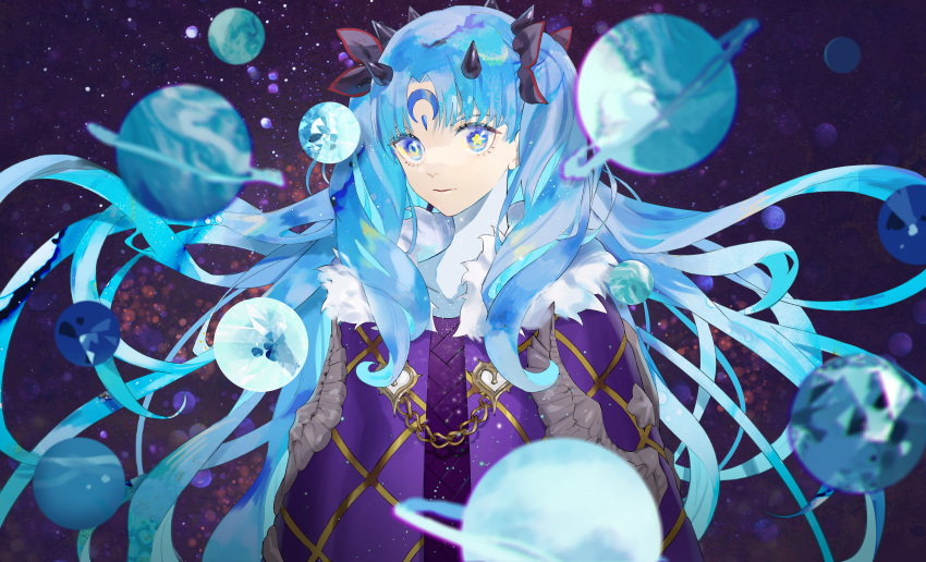 absurdres asymmetrical_pupils bangs black_ribbon blue_theme blurry chain crescent crystal depth_of_field facial_mark fate/grand_order fate_(series) floating_hair forehead_mark fur_trim hair_ribbon highres horns huge_filesize ishtar_(fate/grand_order) light_blue_hair long_hair looking_at_viewer parai0 parted_bangs planet ribbon ringed_eyes space_ishtar_(fate) star star-shaped_pupils symbol-shaped_pupils two_side_up upper_body very_long_hair