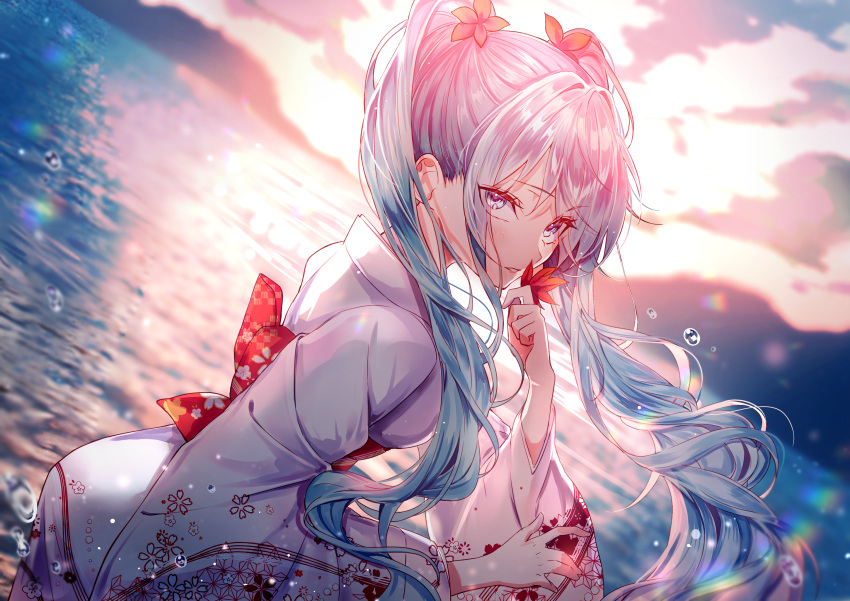 1girl absurdres backlighting blue_eyes blue_hair blurry bow cherry_blossom_print clouds cloudy_sky commentary depth_of_field dutch_angle floral_print flower ggatip hair_flower hair_ornament hand_to_own_mouth hatsune_miku highres holding holding_leaf japanese_clothes kimono lake leaf looking_at_viewer looking_to_the_side maple_leaf mountain mountainous_horizon obi outdoors rainbow red_bow refraction sash sitting sky solo upper_body vocaloid water_drop white_kimono