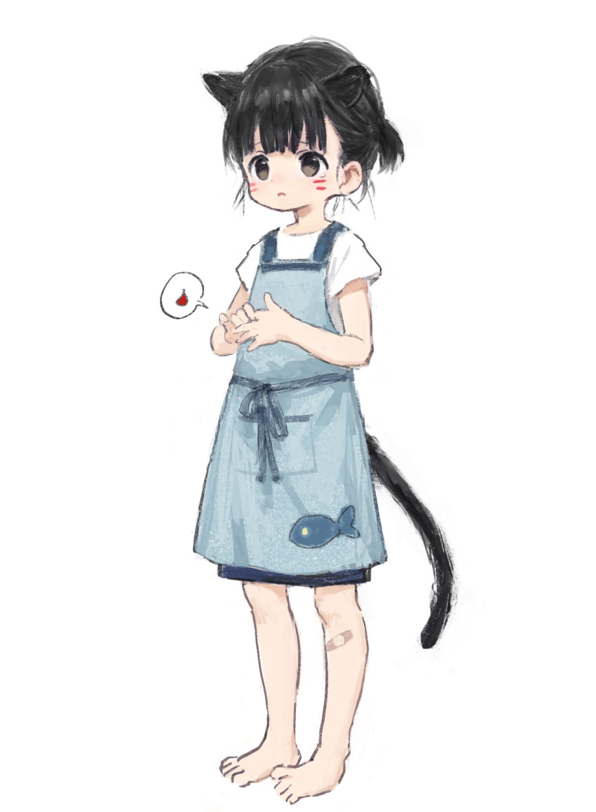 1girl animal_ears apron bandaid_on_leg barefoot black_hair blood_drop blue_apron blue_skirt blush brown_eyes cat_ears cat_girl cat_tail full_body highres original parted_lips shirt sho_(sho_lwlw) short_hair short_sleeves simple_background skirt solo speech_bubble standing tail tears whisker_markings white_background white_shirt