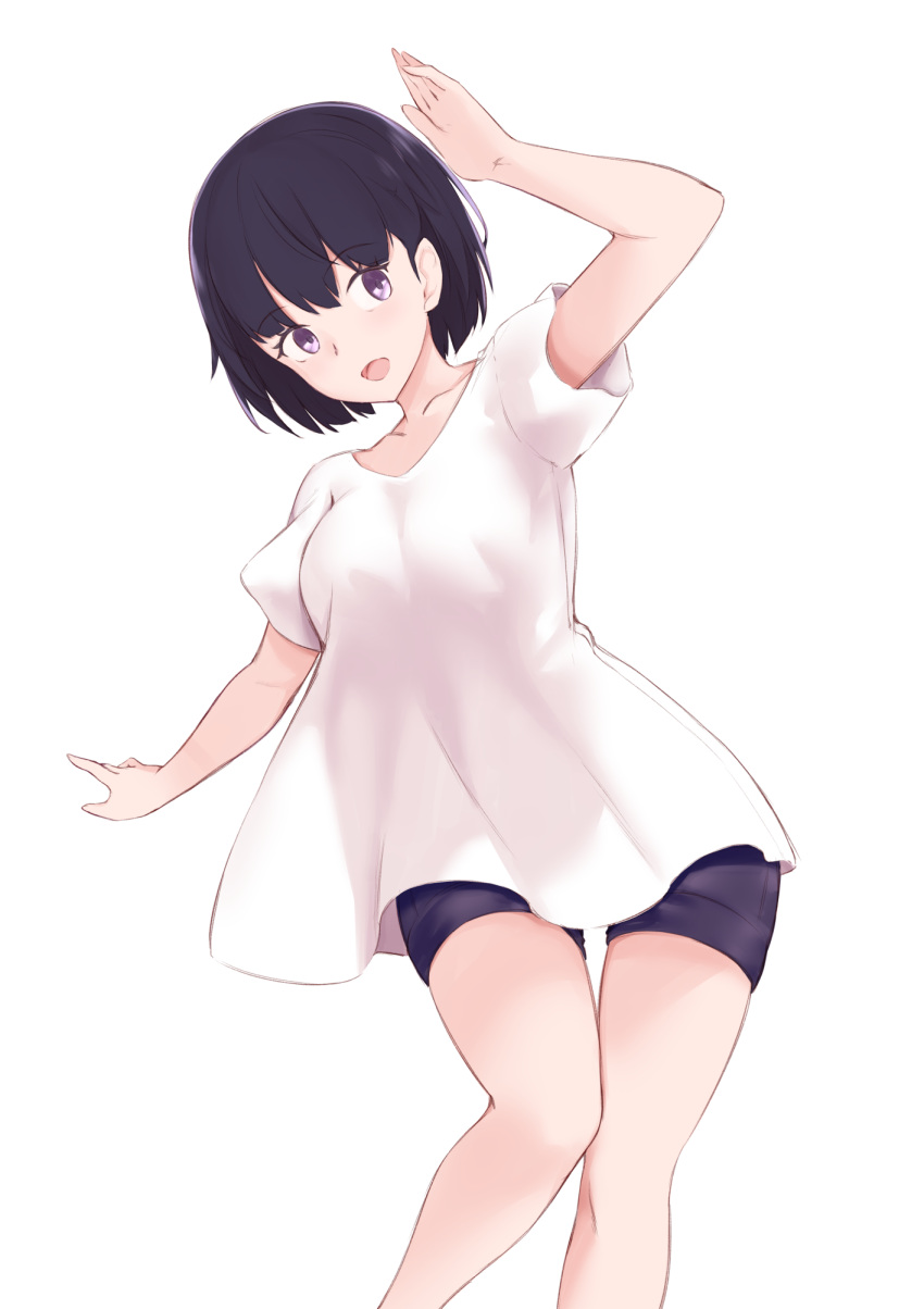 1girl :d arm_up bangs bike_shorts black_hair black_shorts blush breasts collarbone commentary_request eyebrows_visible_through_hair hair_between_eyes highres jilu looking_at_viewer medium_breasts open_mouth original shirt short_shorts short_sleeves shorts simple_background smile solo thigh_gap violet_eyes white_background white_shirt
