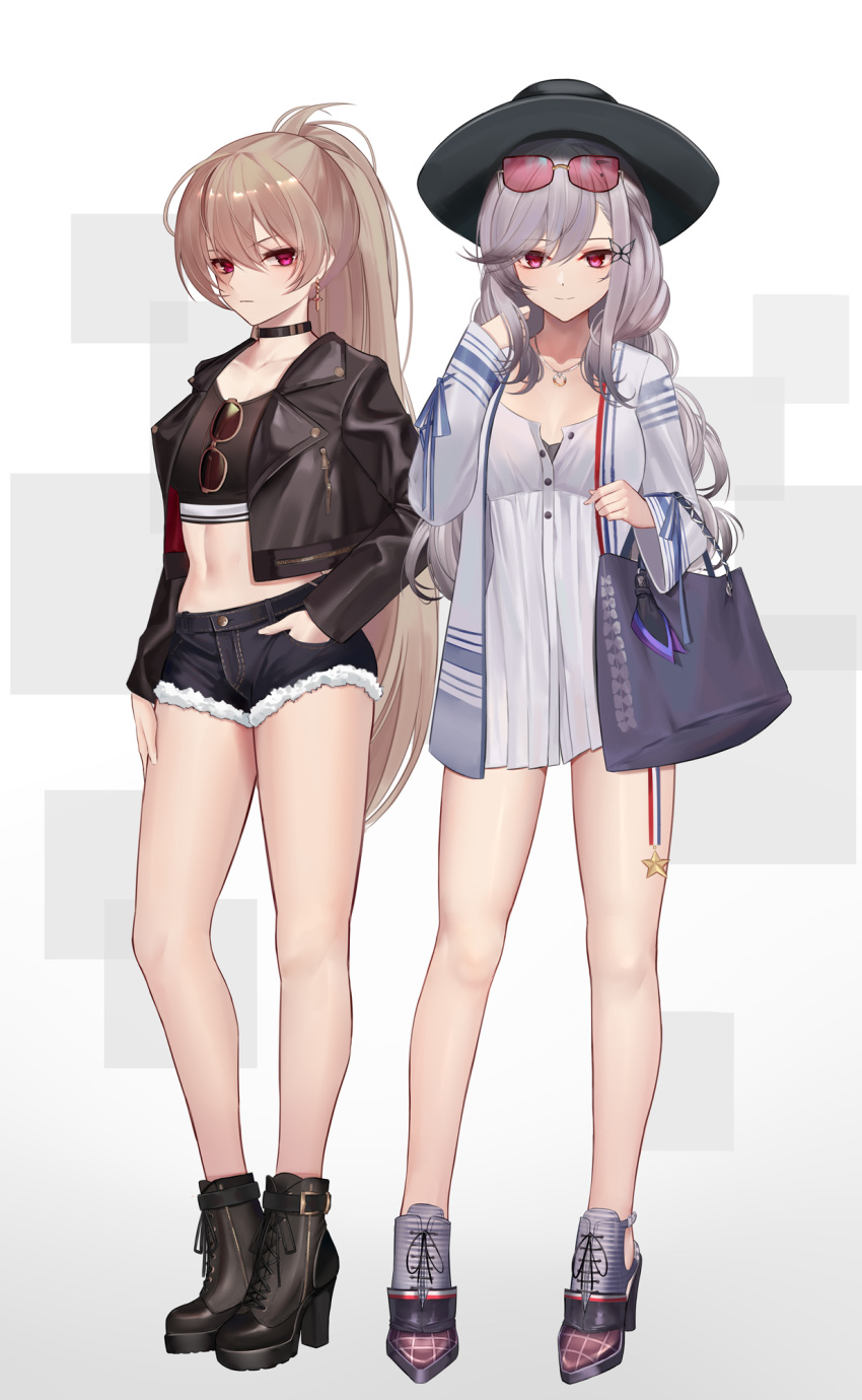 2girls azur_lane bag black_choker black_footwear black_headwear boots brown_hair butterfly_hair_ornament choker collarbone cross cross_earrings cutoff_jeans cutoffs denim denim_shorts dress dunkerque_(afternoon_aphrodite)_(azur_lane) dunkerque_(azur_lane) earrings eternity_(pixiv8012826) eyebrows_visible_through_hair eyewear_hang eyewear_on_head eyewear_removed grey_hair hair_between_eyes hair_ornament hand_in_pocket handbag hat high_heel_boots high_heels highres jacket jean_bart_(azur_lane) jewelry light_smile long_hair long_legs looking_at_viewer midriff multiple_girls navel necklace open_clothes open_jacket ponytail short_dress short_shorts shorts sunglasses very_long_hair violet_eyes wavy_hair white_dress white_jacket