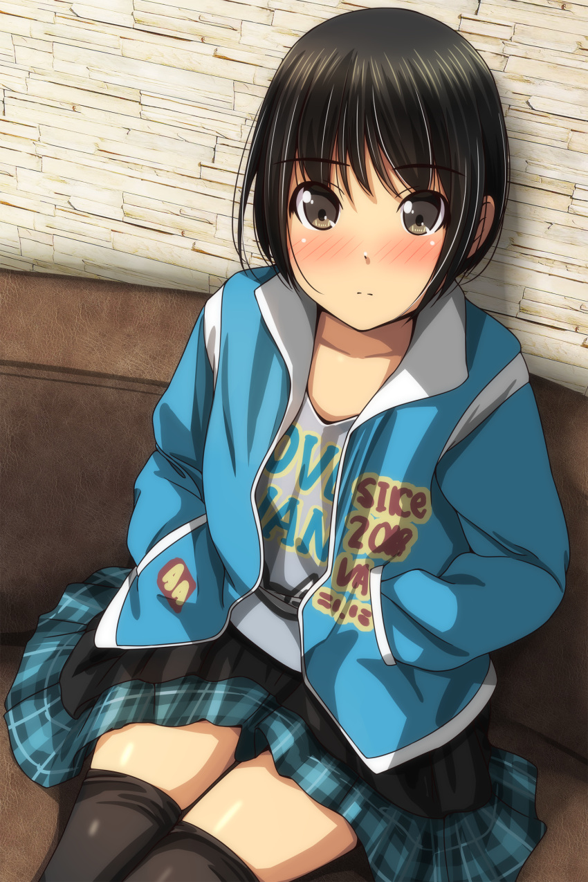 1girl absurdres bangs black_hair black_legwear blue_jacket blue_skirt blush brown_eyes closed_mouth clothes_writing collarbone couch eyebrows_visible_through_hair grey_shirt hands_in_pockets highres jacket long_sleeves looking_at_viewer matsunaga_kouyou nose_blush on_couch open_clothes open_jacket original plaid plaid_skirt pleated_skirt shirt sitting skirt solo thigh-highs