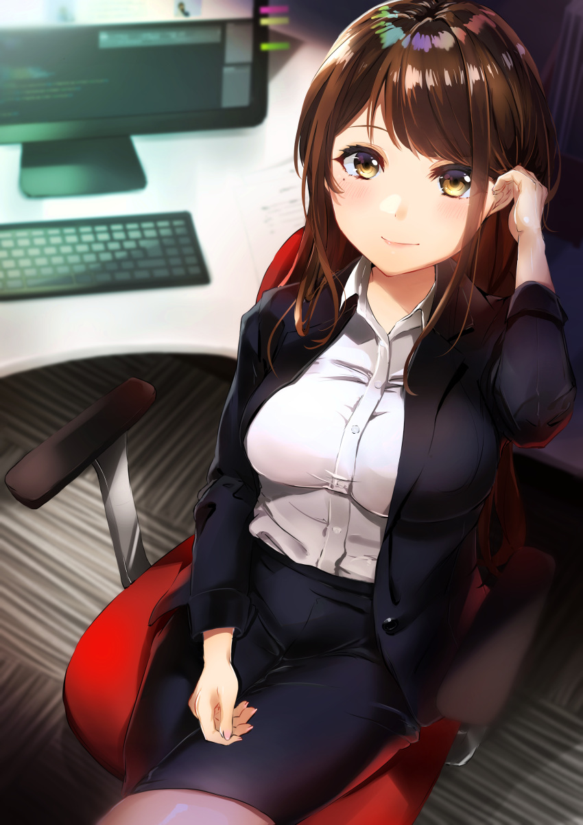 1girl absurdres adjusting_hair ao_ao_konno bangs blazer blush brown_eyes brown_hair chair closed_mouth collared_shirt dress_shirt from_above highres indoors jacket keyboard_(computer) looking_at_viewer mole mole_under_eye monitor office office_chair office_lady open_blazer open_clothes open_jacket original pantyhose paper pencil_skirt shirt sitting skirt smile sticky_note swept_bangs white_shirt