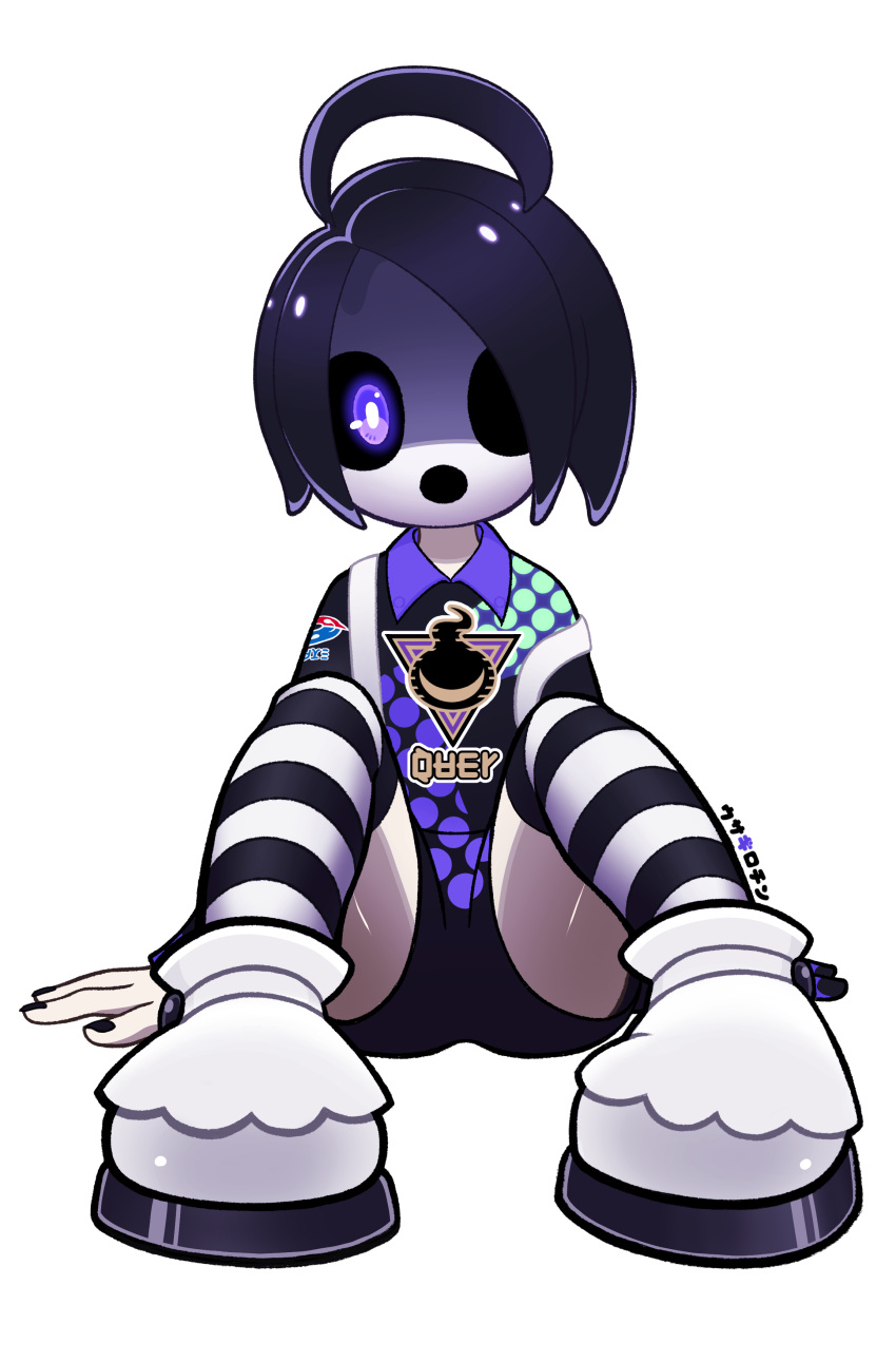 1boy absurdres ahoge black_hair gloves gym_leader highres looking_at_viewer male_focus mask onion_(pokemon) pokemon pokemon_(game) pokemon_swsh shirt short_hair shorts sitting solo striped striped_legwear suspenders usa-guillotine violet_eyes