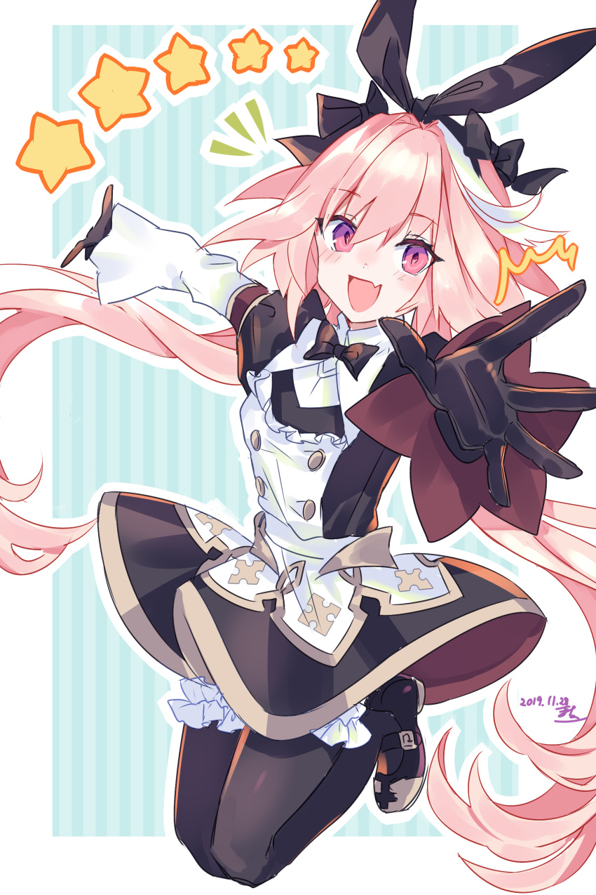 1boy absurdres astolfo_(fate) astolfo_(saber)_(fate) bangs black_bow black_dress black_gloves black_neckwear black_ribbon blush bow bowtie buttons dress fate/grand_order fate_(series) gloves hair_between_eyes hair_bow hair_intakes hair_ribbon highres juliet_sleeves layered_skirt long_hair long_sleeves looking_at_viewer macchoko multicolored_hair otoko_no_ko pink_hair puffy_sleeves ribbon skirt solo streaked_hair twintails violet_eyes white_hair white_skirt wide_sleeves wing_collar