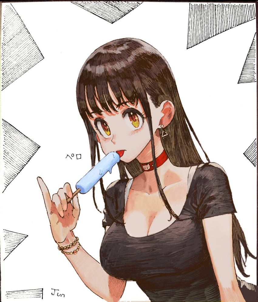1girl blush breasts food highres jun_(seojh1029) licking long_hair looking_at_viewer original popsicle sexually_suggestive sketch solo swimsuit traditional_media