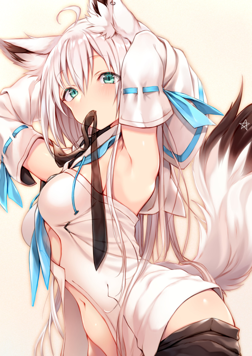 1girl absurdres ahoge animal_ear_fluff animal_ears aqua_eyes armpits bangs black_shorts braid breasts collarbone detached_sleeves eyebrows_visible_through_hair fox_ears fox_girl fox_tail hair_between_eyes highres holding holding_hair hololive long_hair looking_at_viewer mouth_hold navel open_mouth ribbon ribbon_in_mouth shirakami_fubuki shirt shorts shorts_pull sleeveless sleeveless_shirt solo star sukemyon tail virtual_youtuber white_hair white_shirt