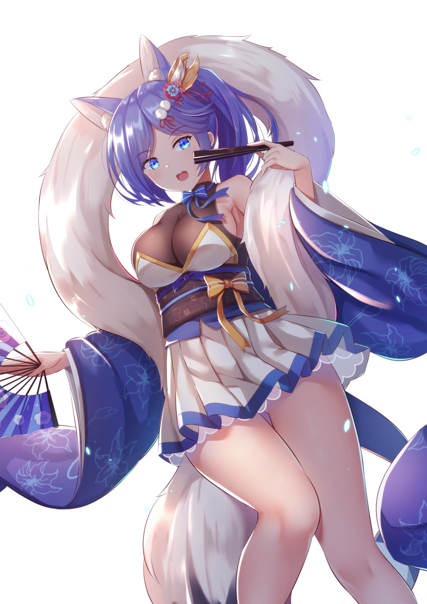 1girl animal_ear_fluff animal_ears azur_lane bangs bare_shoulders blue_eyes blue_ribbon blush breasts closed_fan cowboy_shot dress eyebrows_visible_through_hair f_(milfaaaaa) fan flower folding_fan fox_ears fox_tail from_below fur_scarf hair_flower hair_ornament hairclip highres holding holding_fan japanese_clothes jintsuu_(azur_lane) kimono long_hair looking_at_viewer medium_breasts neck_ribbon obi open_mouth retrofit_(azur_lane) ribbon sash short_dress smile solo swept_bangs tail white_background white_dress wide_sleeves yukata