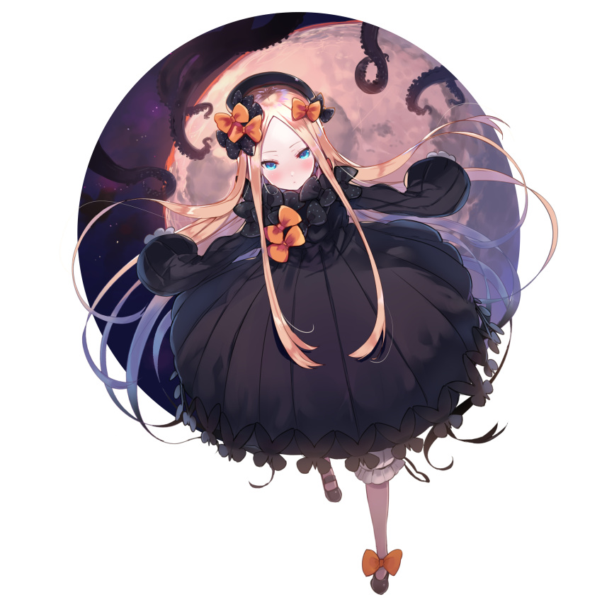 1girl abigail_williams_(fate/grand_order) absurdres bangs black_bow black_dress black_footwear black_headwear blonde_hair bloomers blue_eyes blush bow bug butterfly closed_mouth commentary_request dress fate/grand_order fate_(series) forehead full_body hair_bow hat highres insect long_hair long_sleeves looking_at_viewer orange_bow outstretched_arms parted_bangs polka_dot polka_dot_bow shoes sleeves_past_fingers sleeves_past_wrists solo sora-bozu standing tentacles underwear very_long_hair white_bloomers
