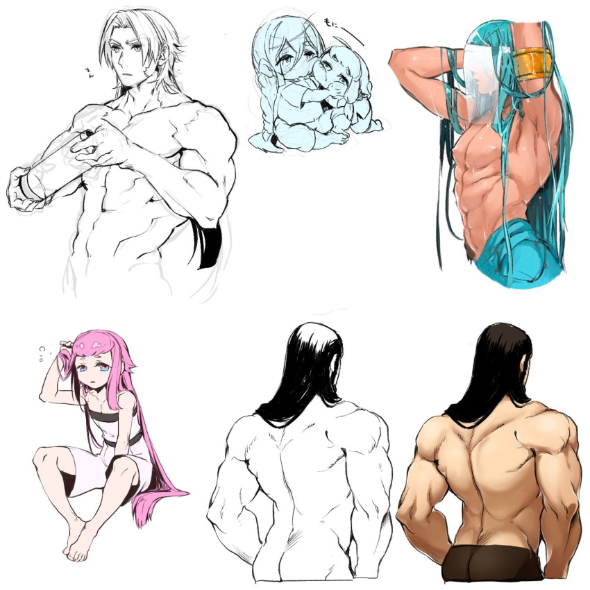 4boys aqua_hair arched_back armlet baby back bare_chest black_hair butt_crack chatan_nakiri cheek_squash chest chiyoganemaru covered_face from_behind hand_in_hair highres holding jip long_hair multiple_boys muscle nenekirimaru pink_hair see-through sideburns simple_background sleepy tonbokiri_(touken_ranbu) touken_ranbu veil white_background younger