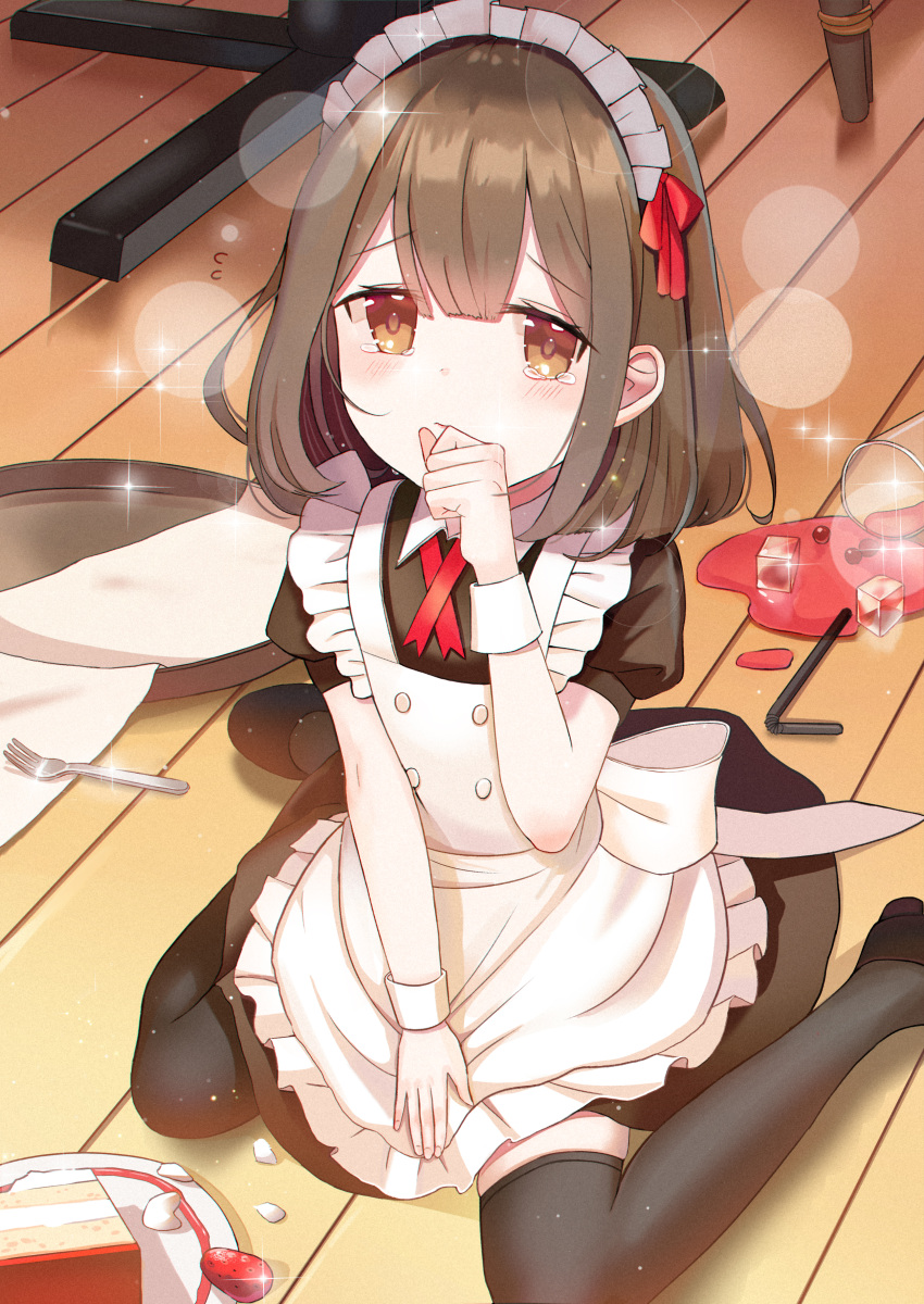 1girl absurdres apron black_legwear brown_eyes brown_hair cake drinking_straw failure food fork glass glint hand_up highres ice ice_cube indoors iren_lovel looking_at_viewer maid maid_apron maid_headdress medium_hair original pantyhose sitting slice_of_cake solo spill tearing_up thigh-highs tray waitress wariza wrist_cuffs
