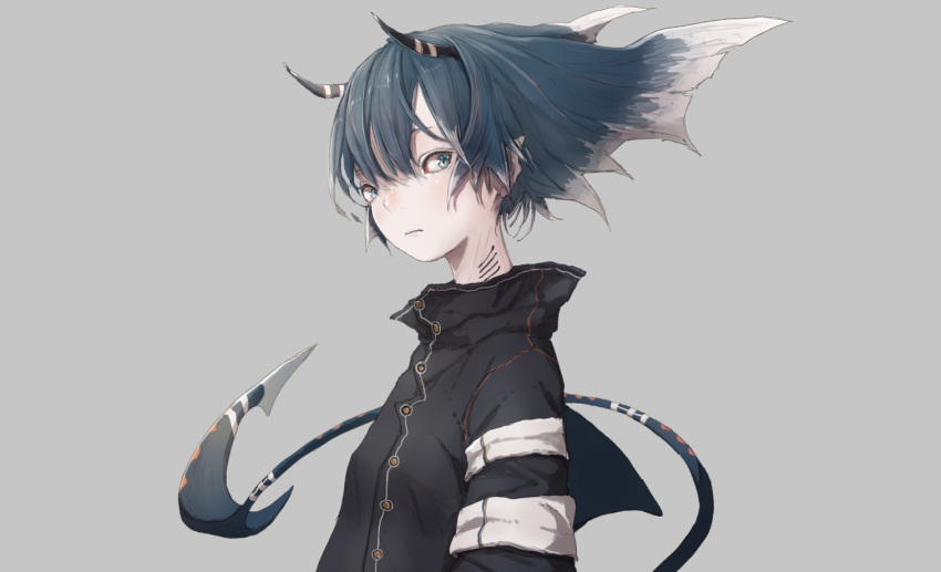 1girl bangs blue_eyes blue_hair character_request closed_mouth fins from_side grey_background grill head_fins horns looking_at_viewer original pointy_ears short_hair simple_background solo tail turtleneck upper_body yushika