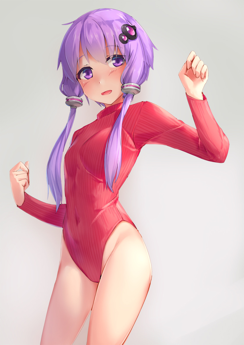 1girl :d alternate_costume bangs bare_hips breasts commentary_request covered_navel cowboy_shot eyebrows_visible_through_hair grey_background hair_ornament highleg highleg_leotard highres kanzen_bouon leotard long_sleeves looking_at_viewer open_mouth red_leotard red_sweater short_hair_with_long_locks sidelocks simple_background smile solo striped sweater thighs turtleneck turtleneck_sweater vertical-striped_leotard vertical_stripes violet_eyes vocaloid voiceroid yuzuki_yukari