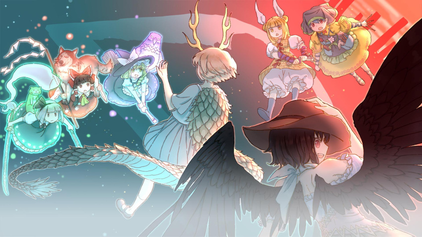 6+girls apron black_hair blonde_hair blue_hair bow braid broom brown_eyes eagle_spirit_(touhou) gohei hair_bow hair_ribbon hairba hakurei_reimu haniyasushin_keiki hat hat_ribbon highres joutouguu_mayumi kicchou_yachie kirisame_marisa konpaku_youmu konpaku_youmu_(ghost) kurokoma_saki long_skirt long_sleeves multiple_girls nontraditional_miko otter_spirit_(touhou) red_eyes ribbon silver_hair skirt sword touhou weapon wide_sleeves witch_hat wolf_spirit_(touhou) yellow_eyes