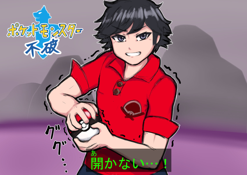 1boy ball black_eyes black_hair fuwa_isamu highres holding holding_ball holding_poke_ball kamen_rider kamen_rider_01_(series) kulettula poke_ball pokemon pokemon_(game) pokemon_swsh polo_shirt red_shirt shirt solo tagme