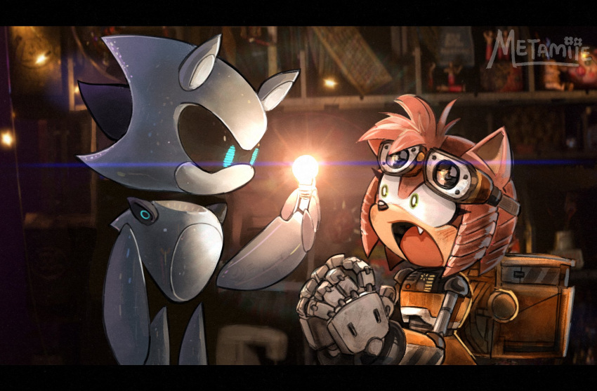 1boy 1girl amy_rose black_sclera blue_eyes colored_sclera commentary cosplay english_commentary eve_(wall-e) furry furry_female goggles green_eyes highres indoors light_bulb metal_sonic metamiie own_hands_together robot sonic_(series) wall-e wall-e_(character) wall-e_(character)_(cosplay)