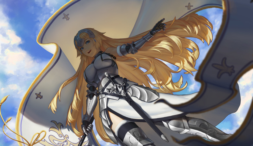 1girl :d armor armored_boots armored_dress bangs banner bare_shoulders black_legwear blonde_hair boots breasts chain clouds cloudy_sky day dress fate/grand_order fate_(series) faulds from_below fur-trimmed_legwear fur_trim gauna grey_dress headpiece holding impossible_clothes impossible_dress jeanne_d'arc_(fate) jeanne_d'arc_(fate)_(all) large_breasts long_hair looking_at_viewer looking_down open_mouth ouer_moyu outdoors sheath sheathed sky smile solo sunlihjz sword thigh-highs thigh_boots thighhighs_under_boots very_long_hair weapon