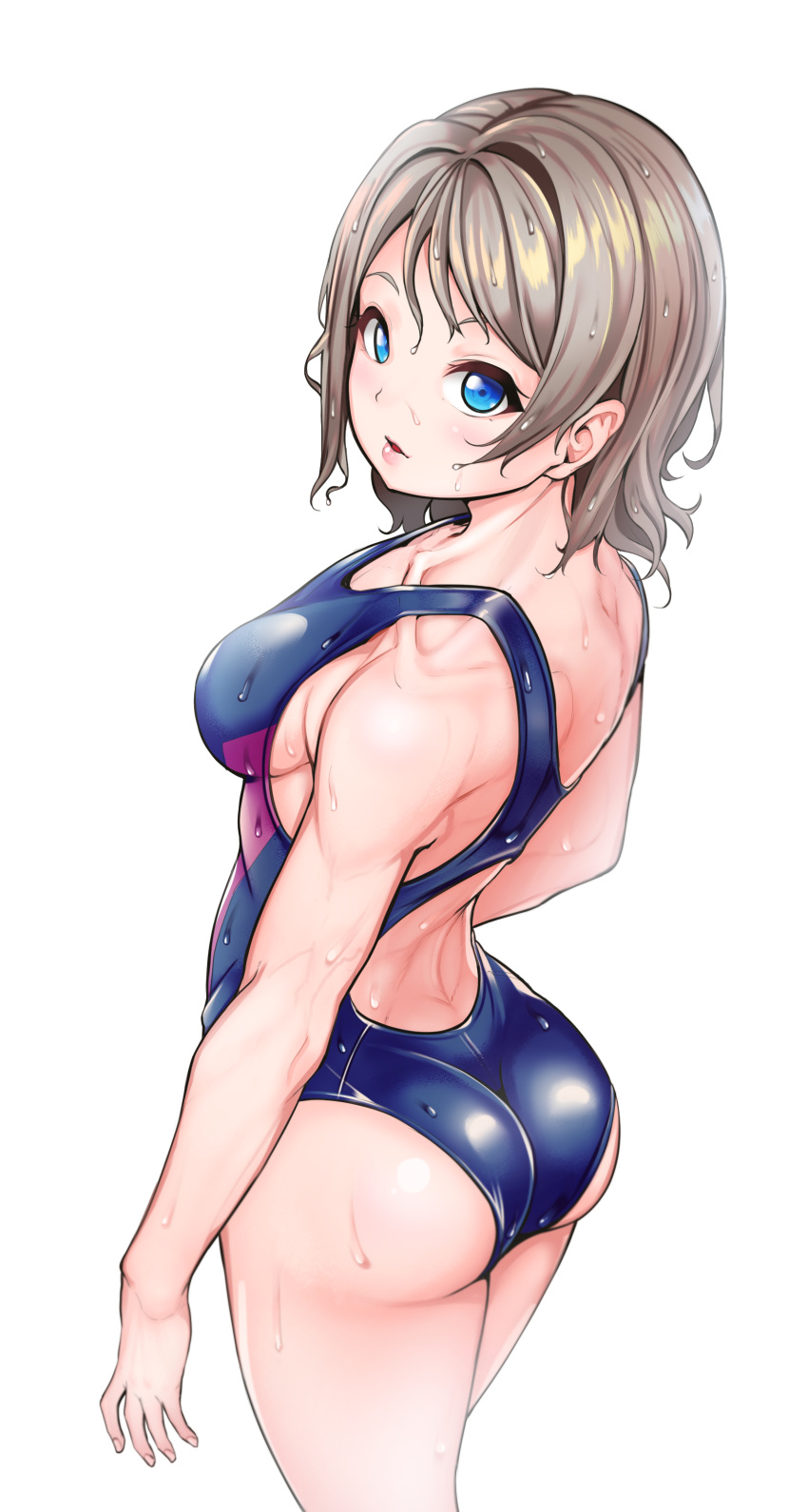 1girl absurdres ass bare_shoulders blue_eyes blue_swimsuit blush breasts brown_hair collarbone competition_school_swimsuit competition_swimsuit from_behind highres lips looking_at_viewer looking_back love_live! love_live!_sunshine!! medium_breasts one-piece_swimsuit parted_lips shiny shiny_clothes shiny_hair shiny_skin short_hair simple_background sodmango solo standing swimsuit watanabe_you wet white_background