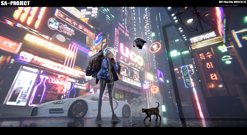 1girl absurdres animal animal_ears artist_name backpack bag black_bodysuit black_cat black_footwear black_gloves blue_eyes blue_jacket bodysuit breasts building car cat closed_mouth commentary directional_arrow drone english_commentary english_text fake_animal_ears gloves grey_hair ground_vehicle headphones highres jacket korean_text letterboxed long_sleeves medium_breasts motor_vehicle neon_lights night open_clothes open_jacket original outdoors play_button reflection sa'yuki shoes skyscraper smile smoke solo space_helmet standing translation_request transparent vehicle_request