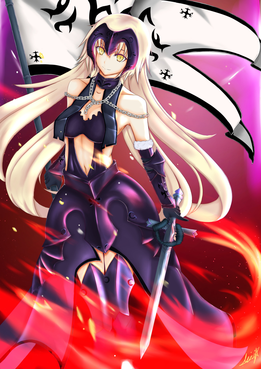 1girl absurdres armor armored_dress armored_legwear blonde_hair breasts chain elbow_gloves fate/grand_order fate_(series) gloves hair_between_eyes headpiece highres jeanne_d'arc_(alter)_(fate) jeanne_d'arc_(fate)_(all) long_hair medium_breasts mirai'g navel smile solo standard_bearer sword thigh-highs torn_clothes very_long_hair weapon yellow_eyes