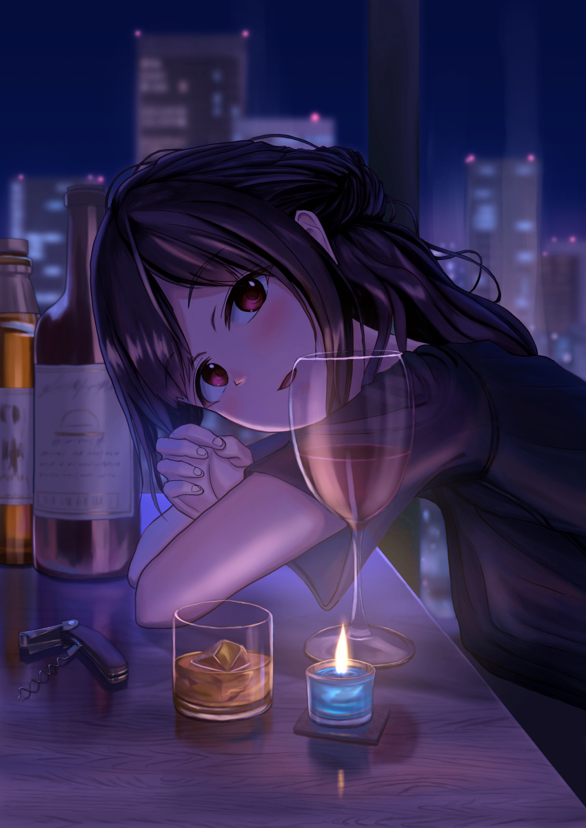 1girl alcohol black_hair blurry blurry_background bottle bottle_opener building candle cityscape corkscrew cup drink drinking_glass elbows_on_table highres looking_at_viewer night original pink_eyes png_pant_(bus) reflection short_sleeves skyscraper solo table wine_bottle wine_glass