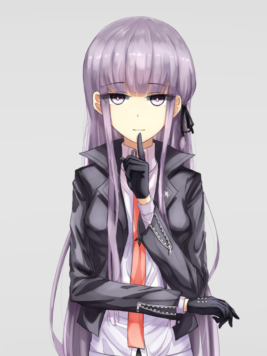 1girl black_gloves black_ribbon braid commentary_request dangan_ronpa dangan_ronpa_1 eyebrows_visible_through_hair gloves grey_background hair_ornament hair_ribbon highres jacket kirigiri_kyouko long_hair looking_at_viewer necktie purple_hair ribbon school_uniform shirt side_braid simple_background single_braid smilent solo violet_eyes white_shirt