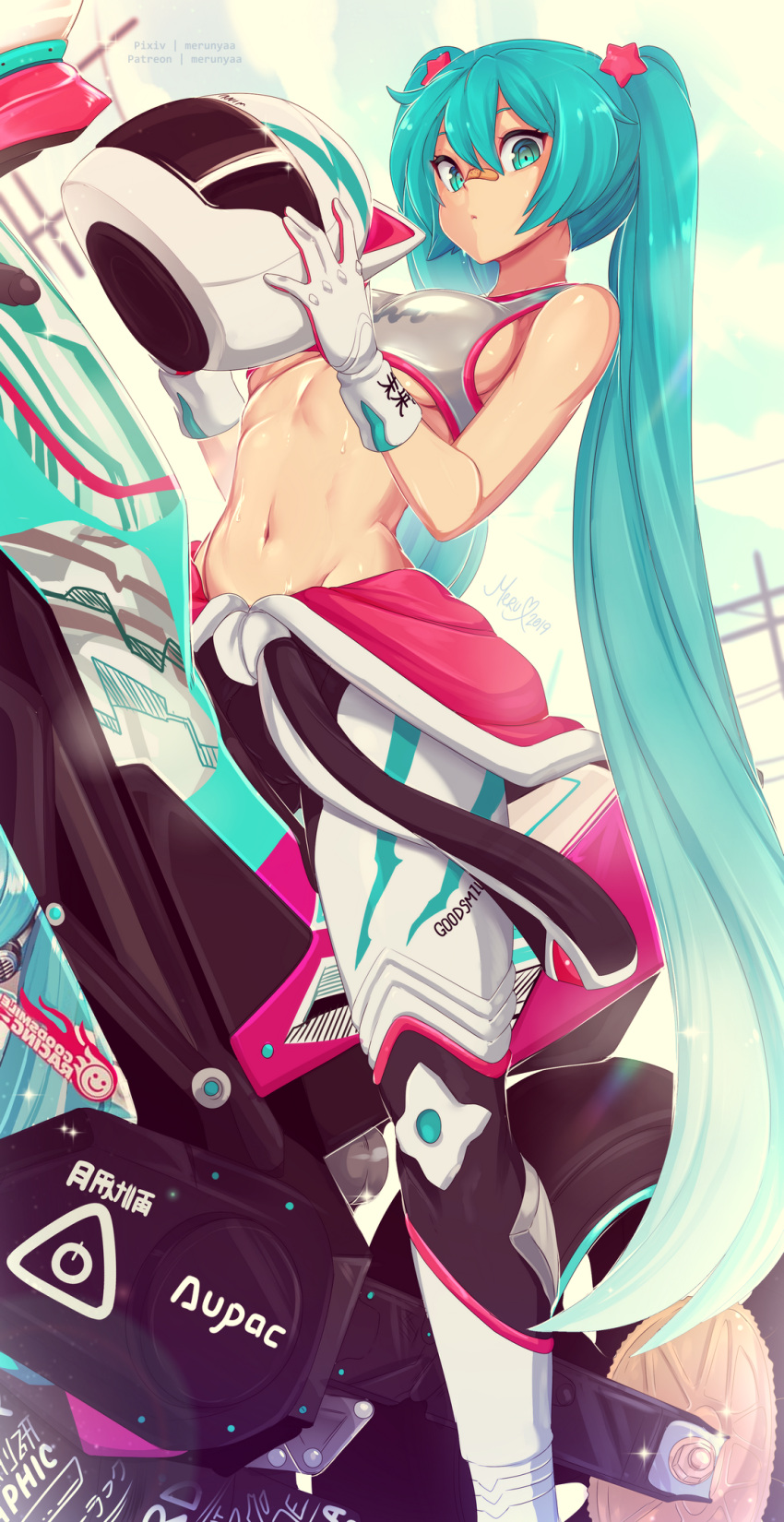 1girl aqua_eyes aqua_hair bandaid bandaid_on_nose breasts gloves groin ground_vehicle hair_between_eyes hair_ornament hatsune_miku headwear_removed helmet helmet_removed highres long_hair looking_at_viewer merunyaa motor_vehicle motorcycle navel on_motorcycle open_clothes solo sports_bra sweat twintails very_long_hair vocaloid white_gloves