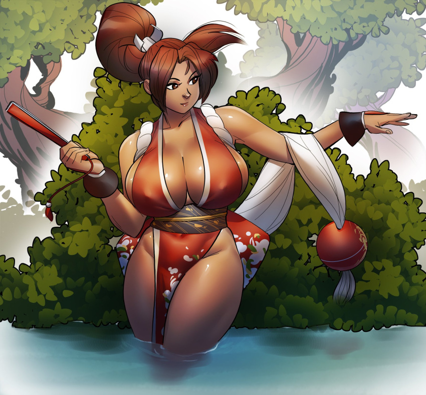 1girl armor breasts brown_eyes brown_hair closed_fan covered_navel covered_nipples fan fatal_fury folding_fan forest hair_ribbon high_ponytail highres huge_breasts japanese_armor kote looking_to_the_side nature ninja no_bra no_panties pelvic_curtain ph_draw ponytail revealing_clothes ribbon rope shimenawa shiranui_mai sideboob sleeveless solo standing the_king_of_fighters thighs wading water