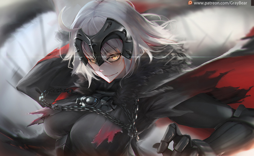 1girl ahoge armor artist_name bangs blush breasts cape chain commentary eyebrows_visible_through_hair fate/grand_order fate_(series) glowing glowing_eyes gray_bear jeanne_d'arc_(alter)_(fate) jeanne_d'arc_(fate)_(all) large_breasts looking_at_viewer red_cape short_hair silver_hair smile solo watermark web_address yellow_eyes