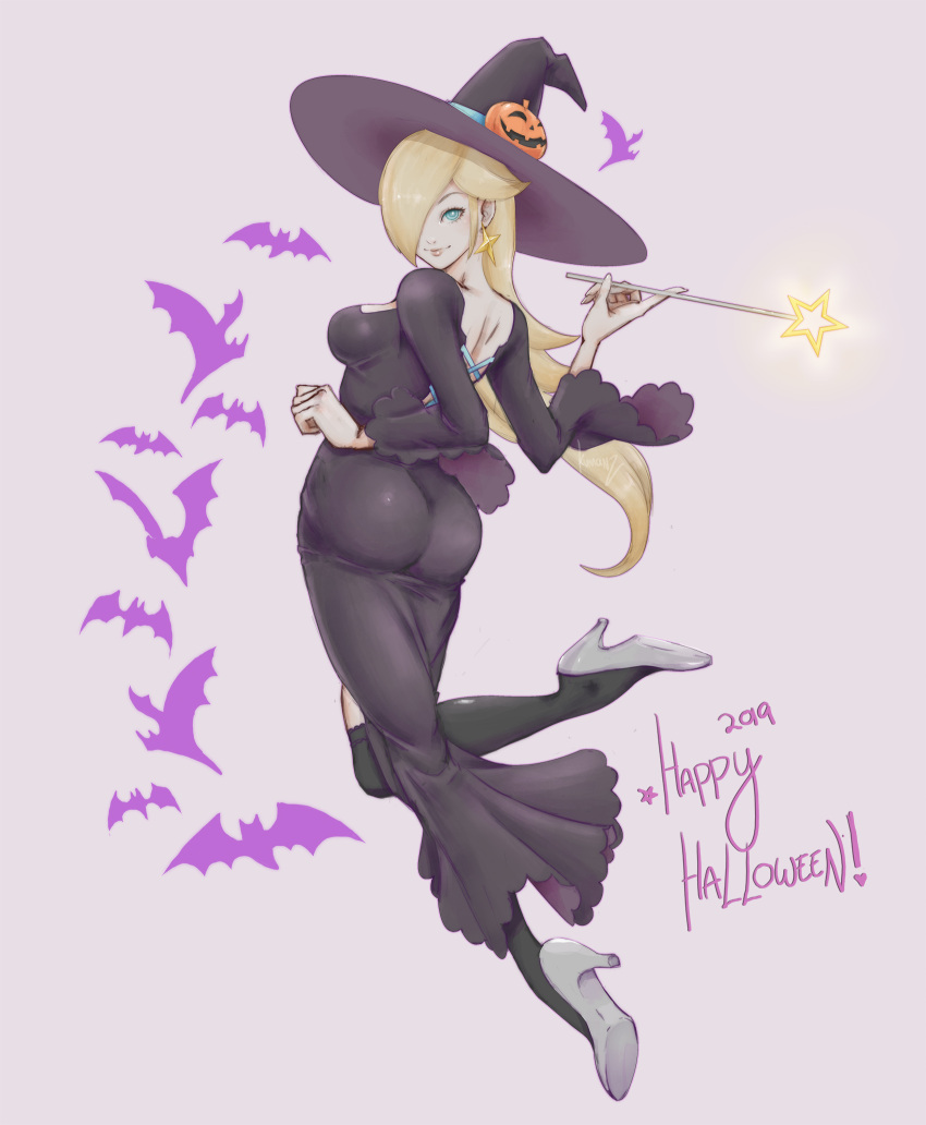 1girl adult animal ass bat black_dress black_legwear blonde_hair blue_eyes breasts closed_mouth commentary dress earrings from_behind full_body hair_over_one_eye halloween hat high_heels highres holding jewelry kumanz leg_up lips long_dress long_hair looking_at_viewer super_mario_bros. mario_kart medium_breasts nintendo nintendo_ead purple_background rosalina simple_background skin_tight smile solo star star_earrings super_mario_galaxy super_smash_bros. super_smash_bros._ultimate super_smash_bros_for_wii_u_and_3ds thighs wand witch_hat
