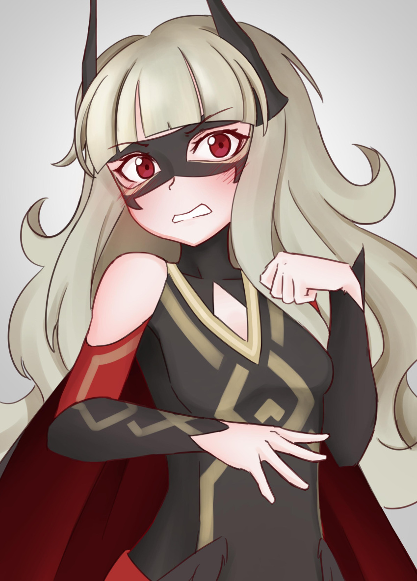 1girl absurdres aurapls cape domino_mask fire_emblem fire_emblem_heroes grey_background grey_hair highres long_hair mask red_eyes simple_background solo upper_body veronica_(fire_emblem)