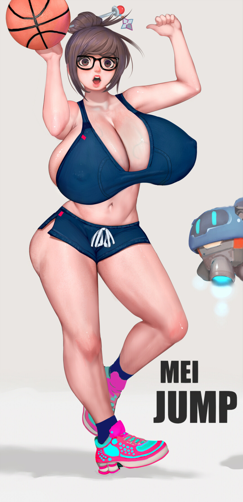 ball basketball basketball_ball blizzard_entertainment breasts brown_eyes brown_hair drone glasses hair_ornament huge_breasts jumping mei mei_(overwatch) overwatch overwatch randy_starfruits short_shorts simple_background sneakers sports_bra sportswear veiny_breasts