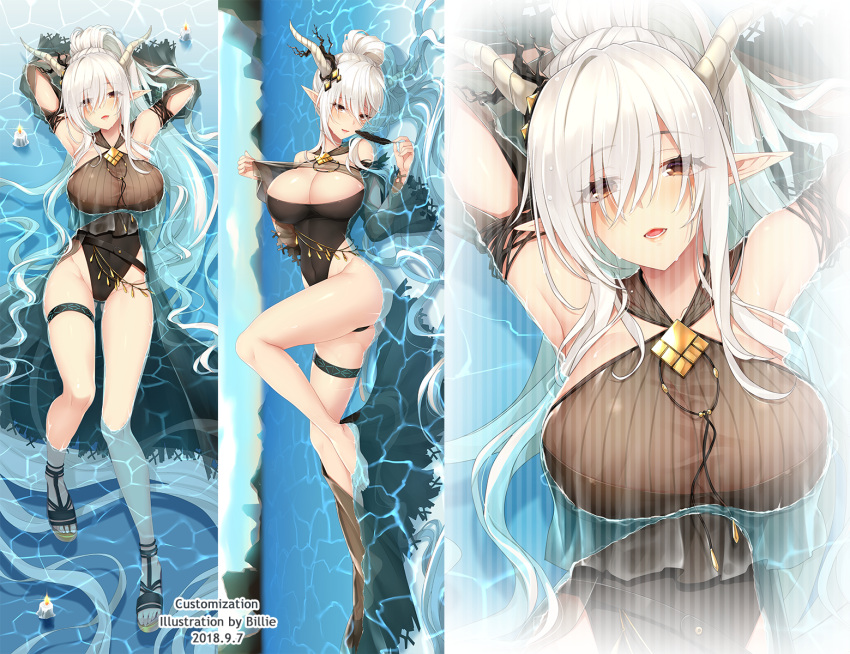 1girl absurdly_long_hair alternate_costume arknights armpits arms_up artist_name bangs bare_shoulders barefoot belly_chain belt black_leotard breasts dakimakura dated dya eyebrows_visible_through_hair from_above full_body hair_between_eyes highres holding holding_feather horns jewelry large_breasts leotard long_hair looking_at_viewer menggongfang open_mouth outdoors parted_lips partially_submerged pointy_ears ponytail red_eyes sandals shining_(arknights) sidelocks simple_background skindentation strapless strapless_leotard thigh_strap thighs very_long_hair wet white_hair
