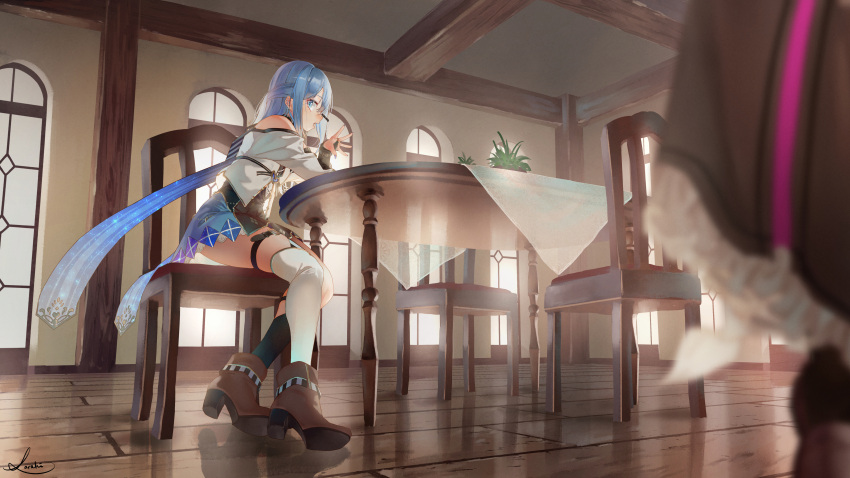 1girl asymmetrical_legwear beret black_choker blue_eyes blue_hair blue_nails blue_ribbon boots bow chair choker dress fantasy frilled_dress frills hair_ornament hat hat_bow highres kneehighs lee_(saraki) long_hair original ribbon saraki signature single_kneehigh skirt table white_headwear