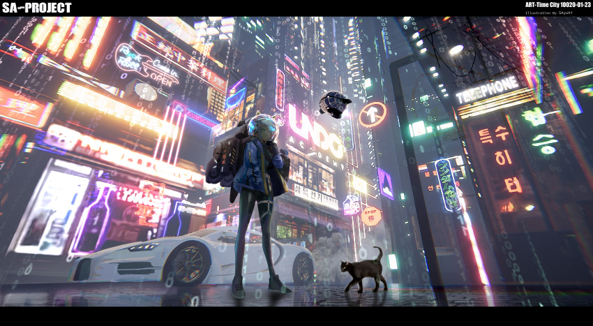 1girl absurdres animal animal_ears artist_name backpack bag black_bodysuit black_cat black_footwear black_gloves blue_eyes blue_jacket bodysuit breasts building car cat closed_mouth directional_arrow drone english_text fake_animal_ears gloves grey_hair ground_vehicle headphones highres huge_filesize jacket korean_text letterboxed long_sleeves medium_breasts motor_vehicle neon_lights night open_clothes open_jacket original outdoors play_button reflection sa'yuki shoes skyscraper smile smoke solo space_helmet standing translation_request transparent vehicle_request