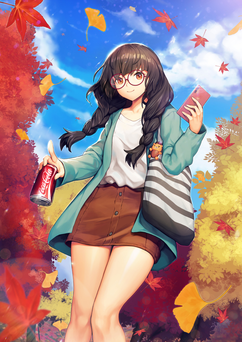 1girl absurdres aqua_jacket autumn autumn_leaves bag black_hair blue_sky braid brown_skirt can cellphone closed_mouth clouds collarbone commentary_request day ginkgo_leaf glasses glint hair_over_shoulder highres holding holding_can holding_phone jacket leaf leaves_in_wind long_hair long_sleeves looking_at_viewer maple_leaf miniskirt open_clothes open_jacket original outdoors pencil_skirt phone red-framed_eyewear red_eyes round_eyewear shirt shoulder_bag skirt sky smartphone smile soda_can solo standing striped thighs twin_braids twintails white_shirt y.i._(lave2217)