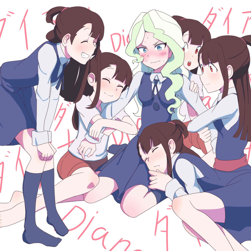 6+girls absurdres arm_around_shoulder blue_eyes blush brown_hair clone closed_mouth diana_cavendish embarrassed english_text hand_on_another's_shoulder happy harem highres jacksou kagari_atsuko legs little_witch_academia long_hair looking_at_another luna_nova_school_uniform lying_on_lap multicolored_hair multiple_girls open_mouth red_eyes school_uniform shorts skirt smile socks talking thighs translated two-tone_hair uniform wavy_hair wavy_mouth