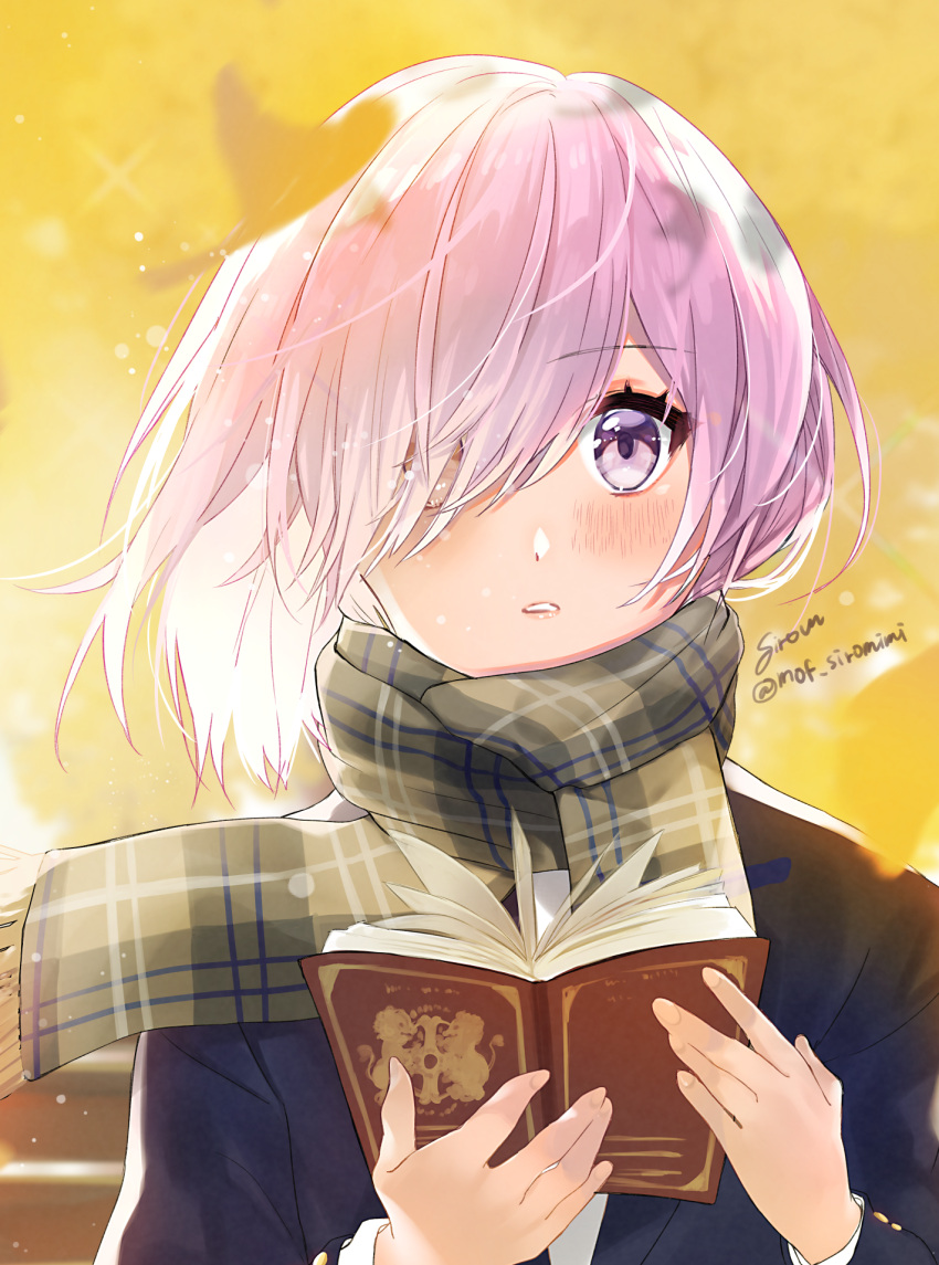 1girl alternate_costume artist_name autumn_leaves black_jacket blurry blush book casual depth_of_field eyebrows_visible_through_hair falling_leaves fate/grand_order fate_(series) fringe_trim green_scarf hair_over_one_eye highres holding holding_book jacket leaf long_sleeves looking_at_viewer mash_kyrielight mof_siromimi open_book outdoors parted_lips pink_hair plaid plaid_scarf scarf short_hair solo sparkle twitter_username upper_body violet_eyes