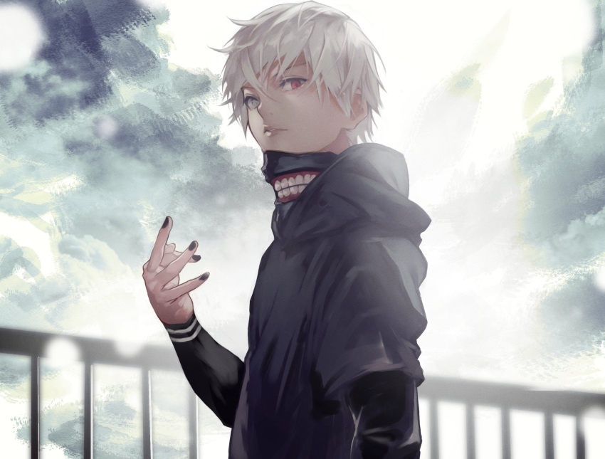 1boy 55level bangs black_nails black_shirt cracking_knuckles heterochromia highres hoddie kaneki_ken long_sleeves looking_at_viewer mask outdoors parted_lips railing red_eyes shirt short_hair sky tokyo_ghoul white_hair