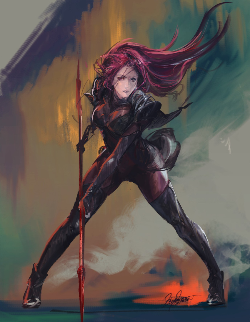 1girl bodysuit breasts fate/grand_order fate_(series) gae_bolg graphite_(medium) hayaken highres holding holding_weapon legs_apart leotard lipstick long_hair looking_at_viewer makeup pauldrons polearm purple_bodysuit purple_hair purple_leotard red_eyes scathach_(fate)_(all) scathach_(fate/grand_order) shoulder_armor signature solo spear traditional_media weapon wind wind_lift