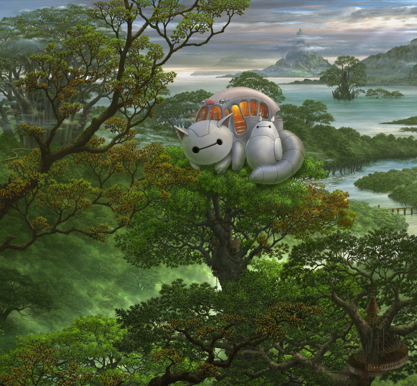 1other baymax big_hero_6 bridge building clouds cloudy_sky commentary_request disney dual_persona forest fusion highres in_tree looking_at_viewer male mountain multiple_persona nature nekobus no_humans parody river robot sky studio_ghibli tonari_no_totoro totoro tree treehouse uchio_kazumasa