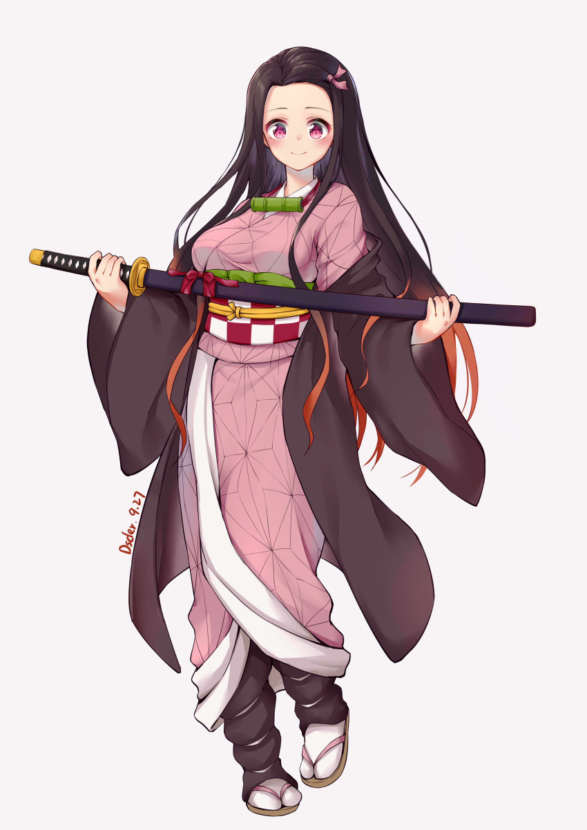 1girl absurdres artist_name bamboo bit_gag black_hair breasts brown_hair commentary_request forehead gag gag_removed gao2519 gradient_hair hair_ribbon highres holding holding_sword holding_weapon japanese_clothes kamado_nezuko katana kimetsu_no_yaiba kimono large_breasts long_hair long_sleeves looking_at_viewer mouth_hold multicolored_hair obi pink_eyes pink_kimono pink_ribbon ribbon sash simple_background solo sword two-tone_hair very_long_hair weapon white_background