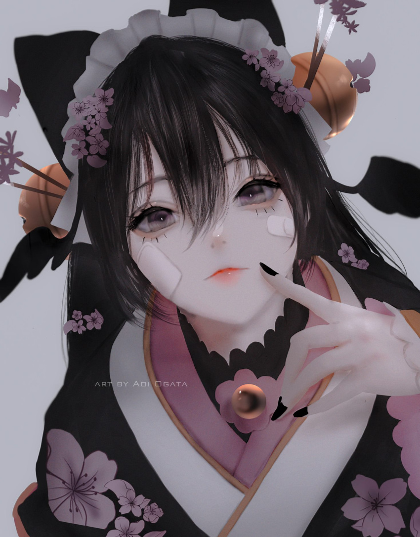 1girl aoi_ogata artist_name bandaid_on_cheek bangs bell black_hair black_kimono black_nails closed_mouth commentary english_commentary eyebrows_visible_through_hair fingernails floral_print flower grey_background grey_eyes hair_bell hair_between_eyes hair_flower hair_ornament highres japanese_clothes jingle_bell kimono looking_at_viewer maid_headdress nail_polish original print_kimono purple_flower red_lips simple_background solo upper_body