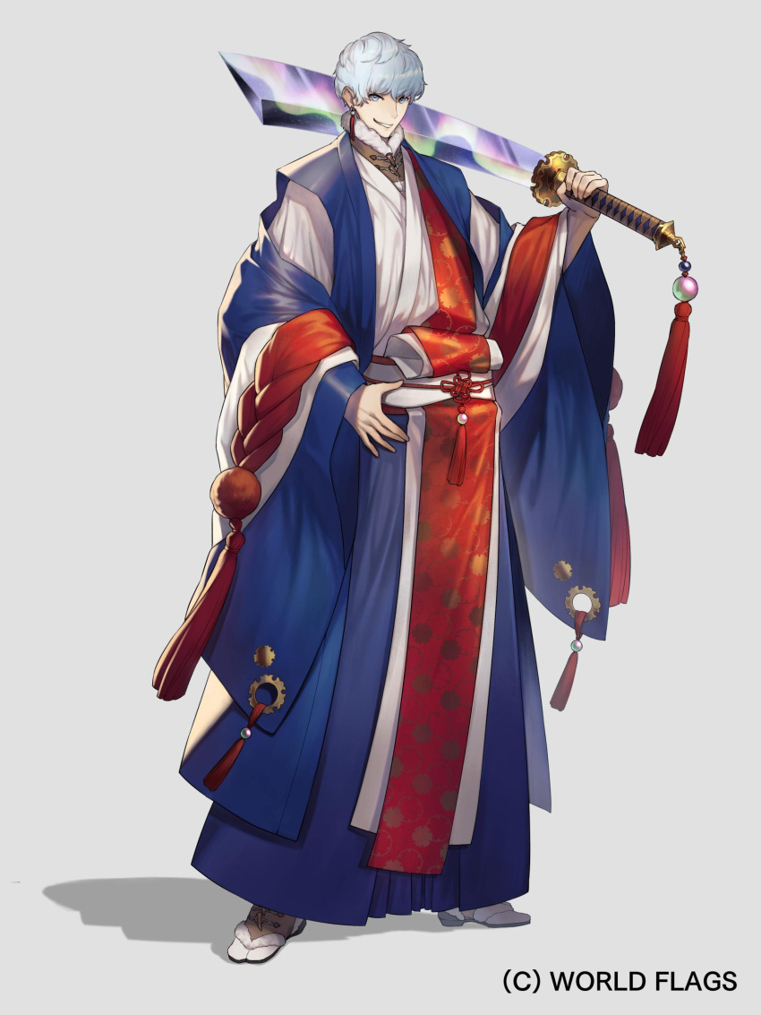 1boy absurdres aurora dao earrings grey_eyes highres holding holding_sword holding_weapon jewelry male_focus original over_shoulder simple_background smile solo standing sword takemiya_09 teeth weapon weapon_over_shoulder white_background white_hair