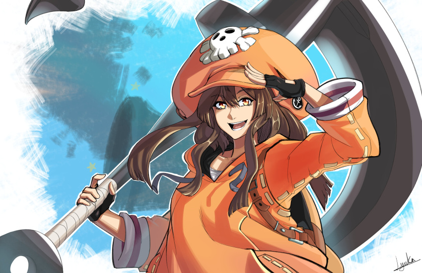 1girl absurdres anchor backpack bag baggy_clothes black_gloves brown_hair commentary english_commentary fingerless_gloves gloves guilty_gear guilty_gear_strive hair_between_eyes hat highres holding holding_weapon huge_weapon lyuka may_(guilty_gear) orange_eyes orange_headwear orange_hoodie orange_shirt over_shoulder pirate_hat salute shirt skull_and_crossbones smile solo weapon weapon_over_shoulder